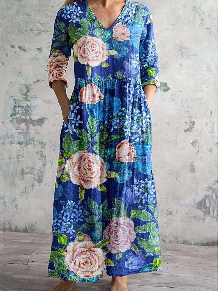 Women's Rose Floral V-Neck Resort Dress