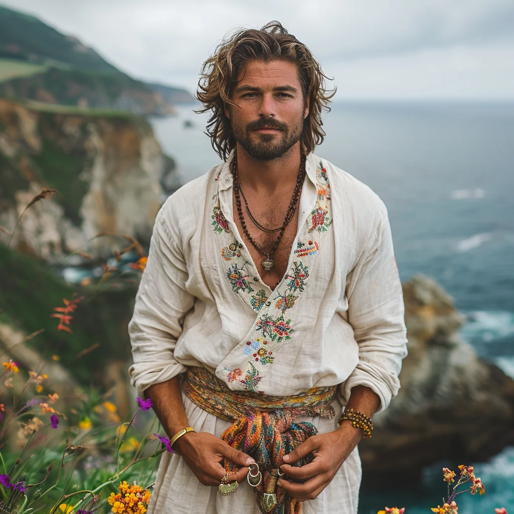 Ethnic Retro Casual Cotton And Linen Men's Shirts Bohemian Style Open Collar Embroidered Shirt