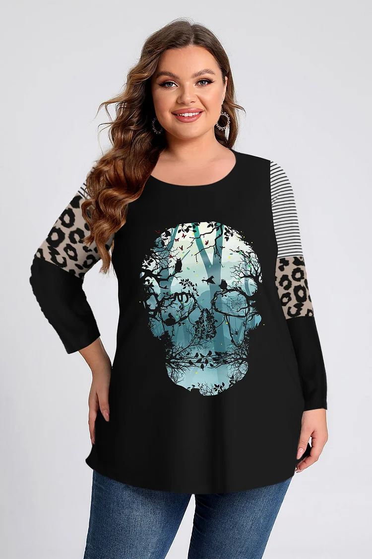 Flycurvy Plus Size Halloween Black Print Striped Leopard Stitching T-shirt  Flycurvy [product_label]