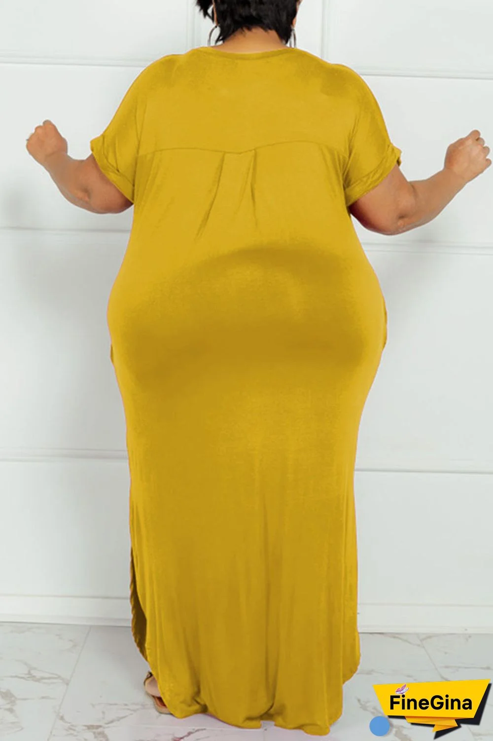 Yellow Casual Solid Patchwork Slit V Neck Straight Plus Size Dresses