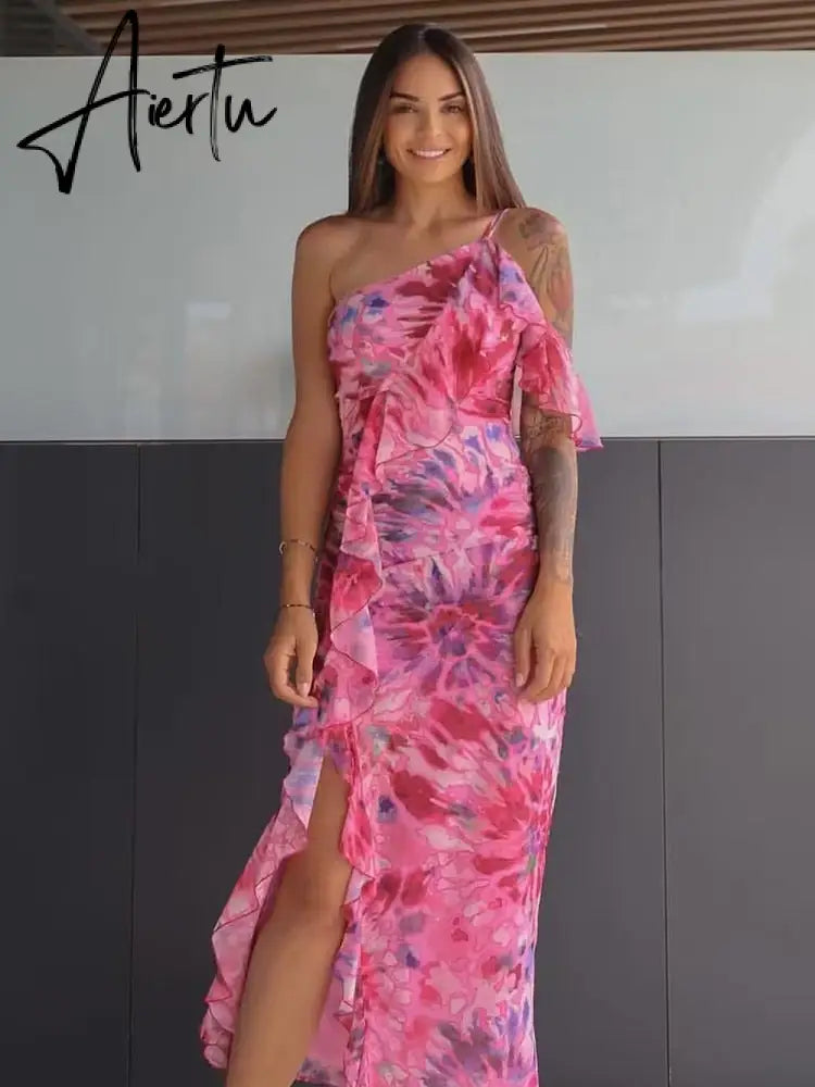 Print One Shoulder Ruffle Ruched Dress Women Asymmetric Off Shoulder Backless Chiffon Split Dress Summer Female Party Vestidos Aiertu