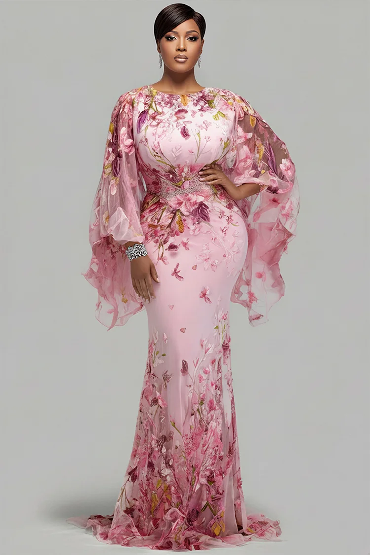Xpluswear Design Plus Size Formal Elegant Pink Floral Round Neck Flare Long Sleeve See Through Tulle Maxi Dresses [Pre-Order] 2024 - Xpluswear