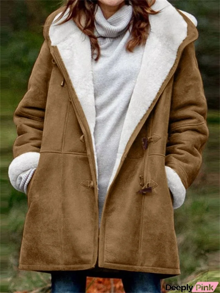 Women's Cozy Fur Lining Hooded Coat with Horn Toggles