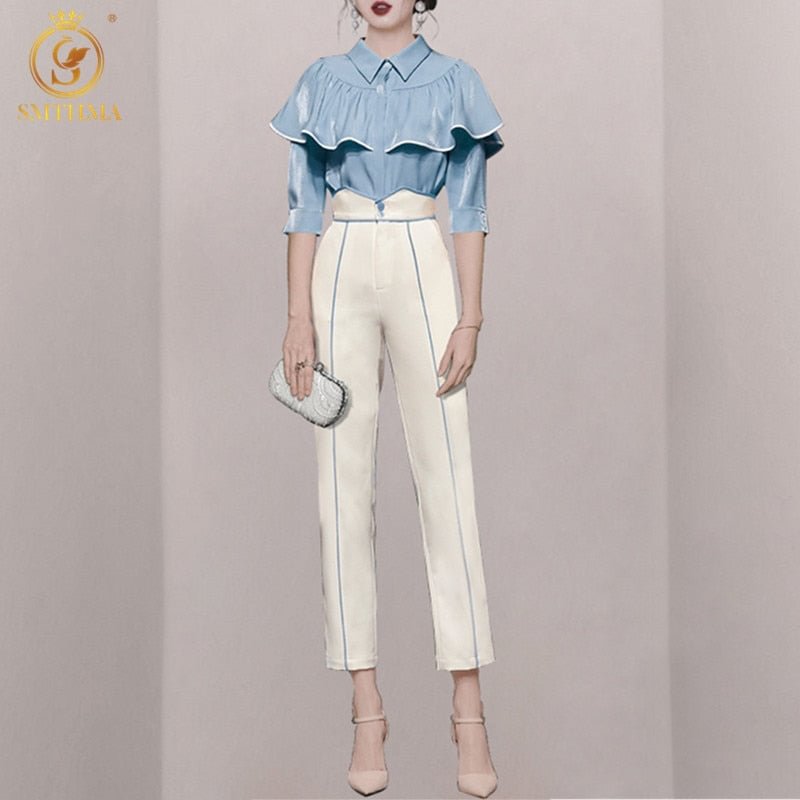 SMTHMA 2022 New Fashion Women's Casual Temperament Ruffled Shirt Two-Piece Sets +High Waist Long Pants Outfit