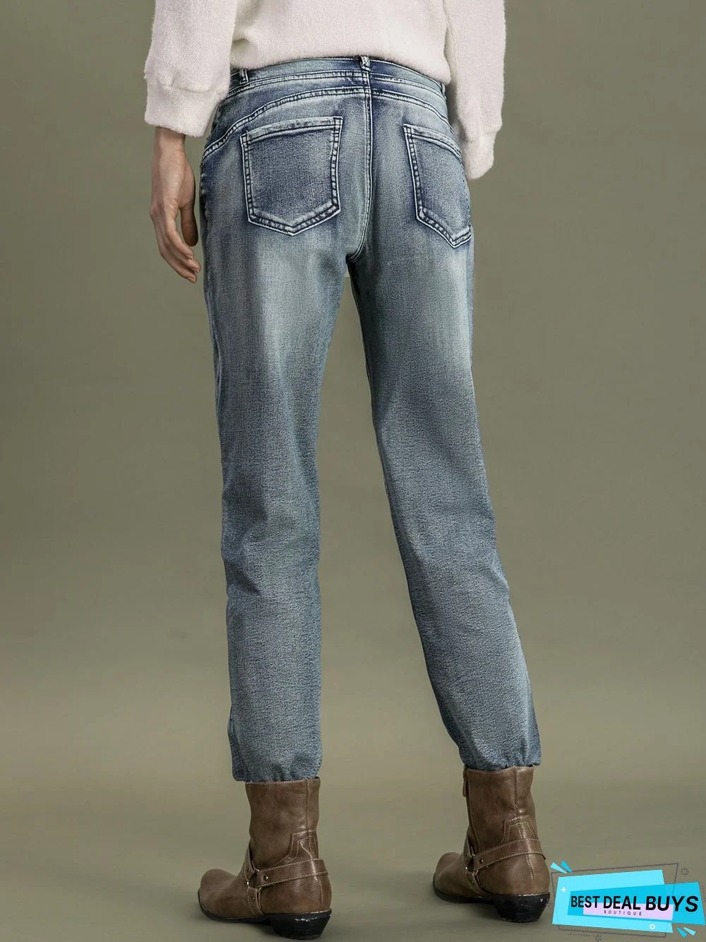 Blue Denim Simple Solid Pockets Jeans