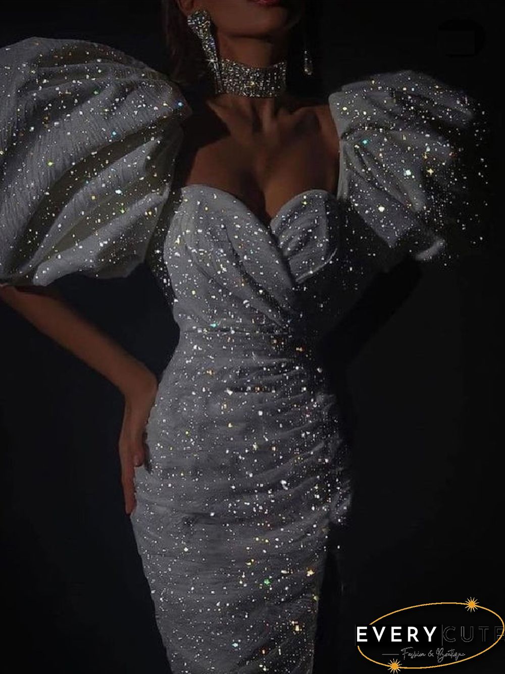 Ladies Sexy Super Shiny Puff Sleeve Party Dress S-3XL