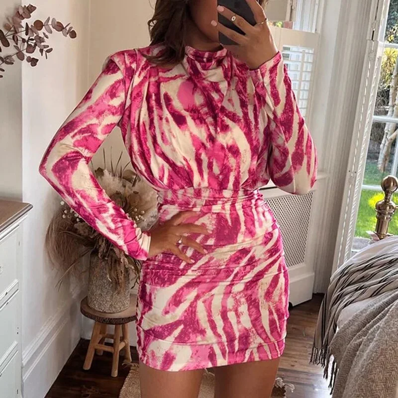 Fashion Zebra Print Long Sleeve Mini Dress New Women Round Neck Tight Hip Wrap Dresses Casual Office Slim Fit Club Dress Mujer