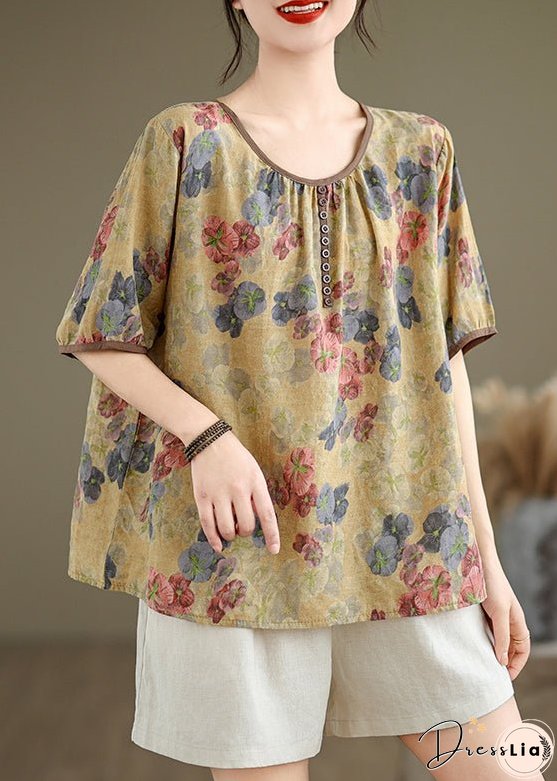 Yellow Print Loose Linen T Shirts O Neck Short Sleeve