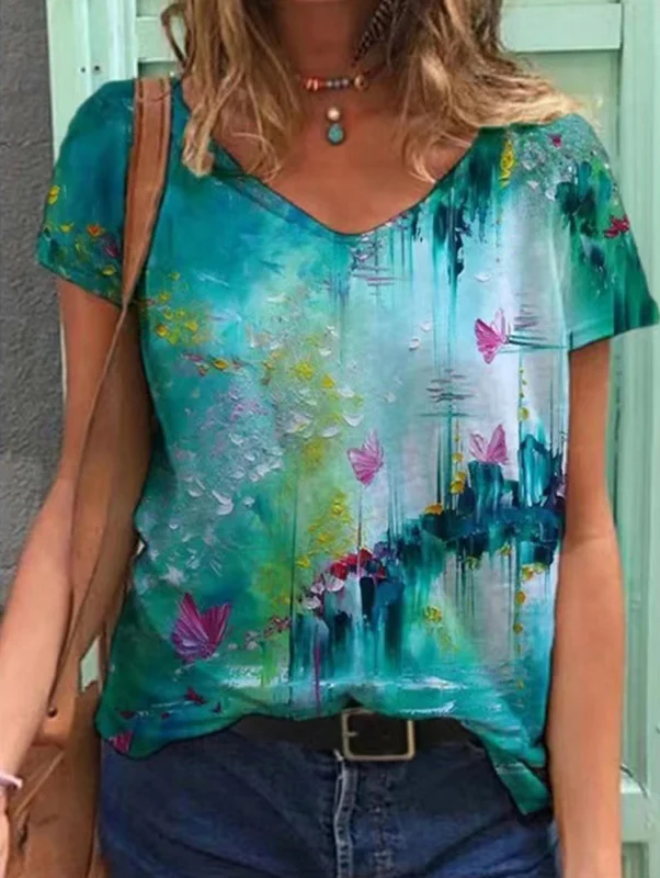Abstract Oil Painting Printed V-neck Women's T-shirt