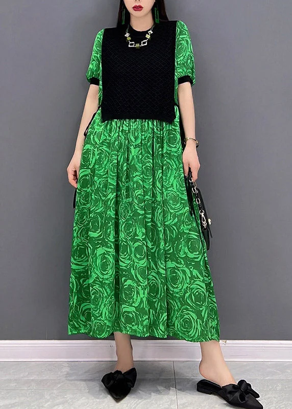 Fashion Green O-Neck Print Waistcoat Patchwork Holiday Dress Short Sleeve