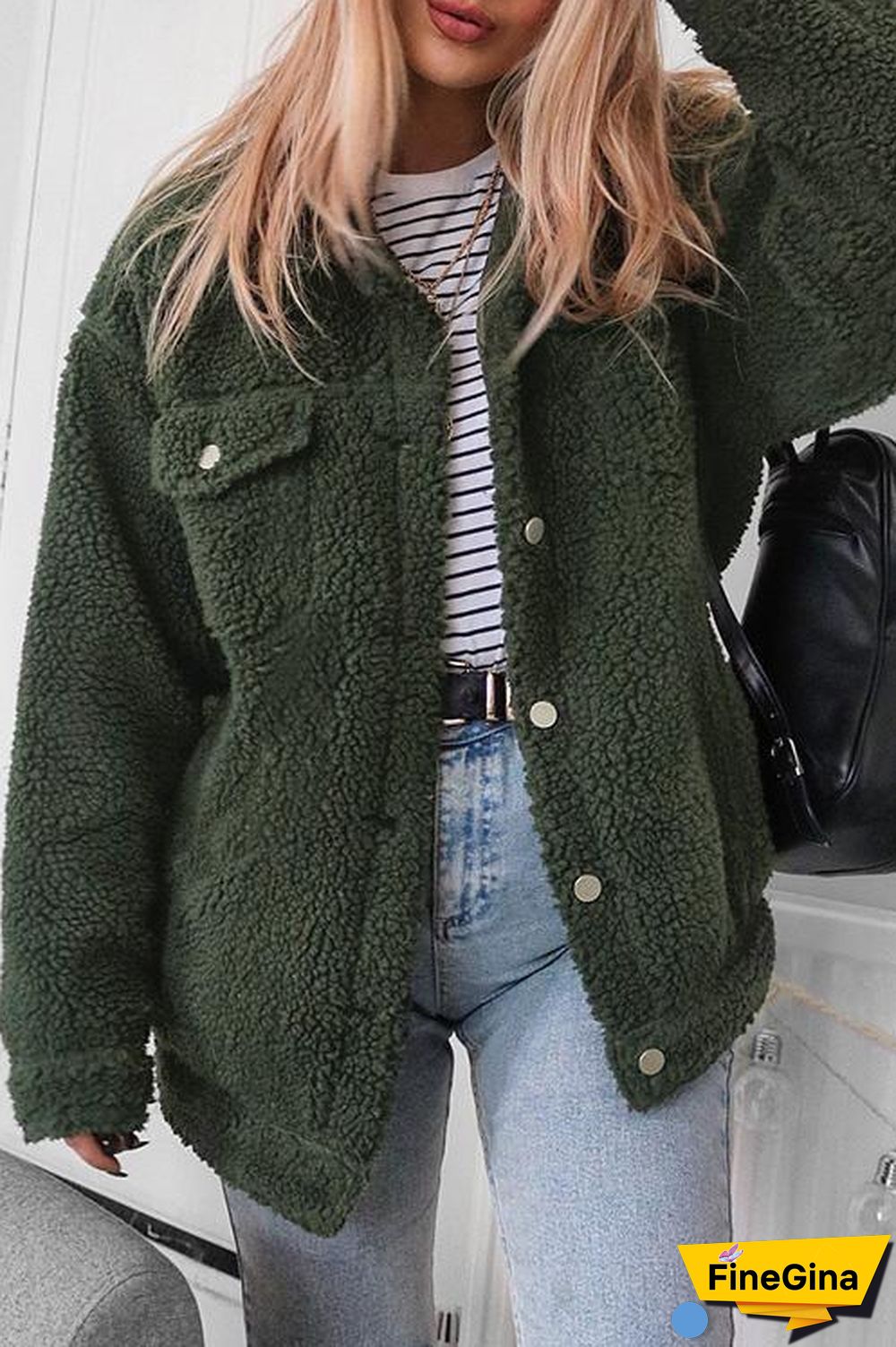 Button Lapel Long Sleeve Plush Coat