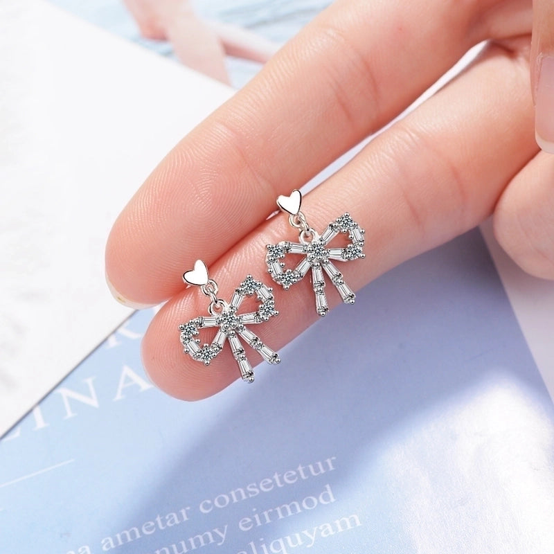1 Pair Classic Style Commute Heart Shape Bow Knot Inlay Copper Zircon Earrings