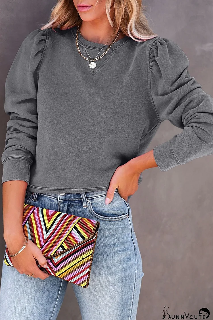 Vintage Gray Washed Puff Sleeve Pullover Sweatshirt