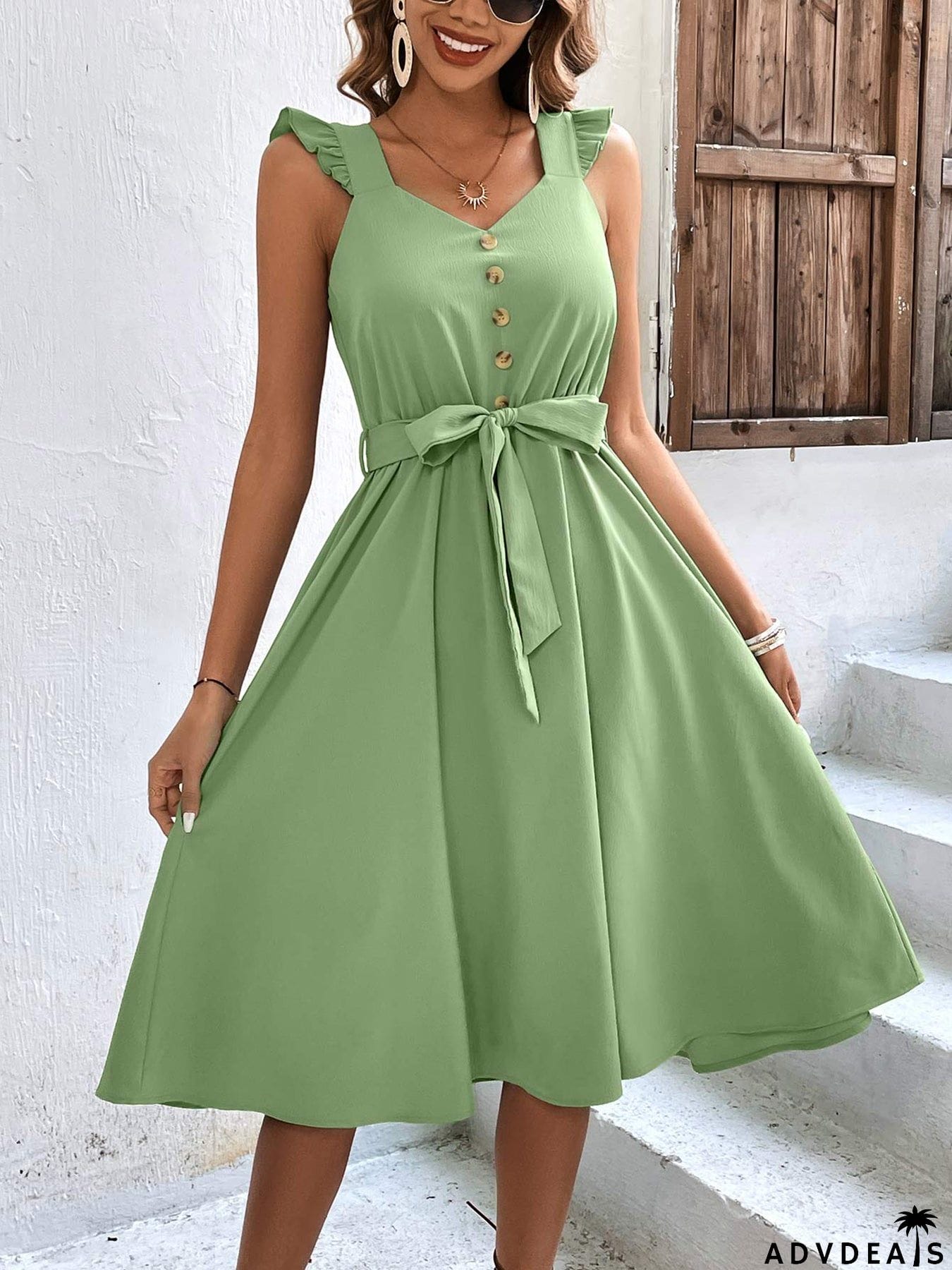 Decorative Button Tie Waist A-Line Dress