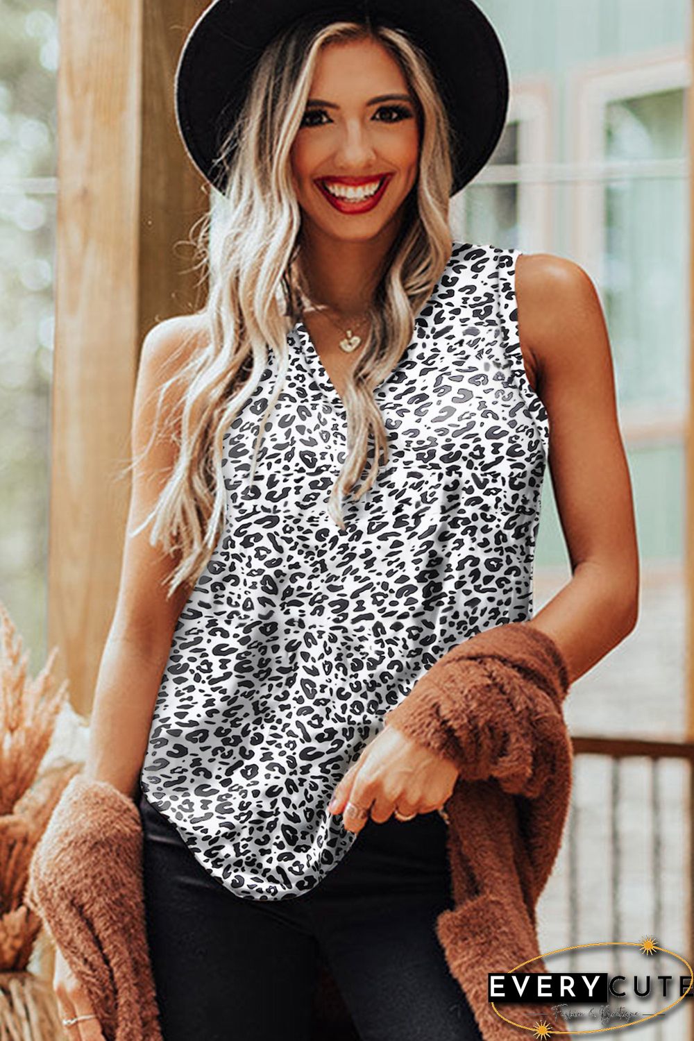White Leopard V Neck Tank Top