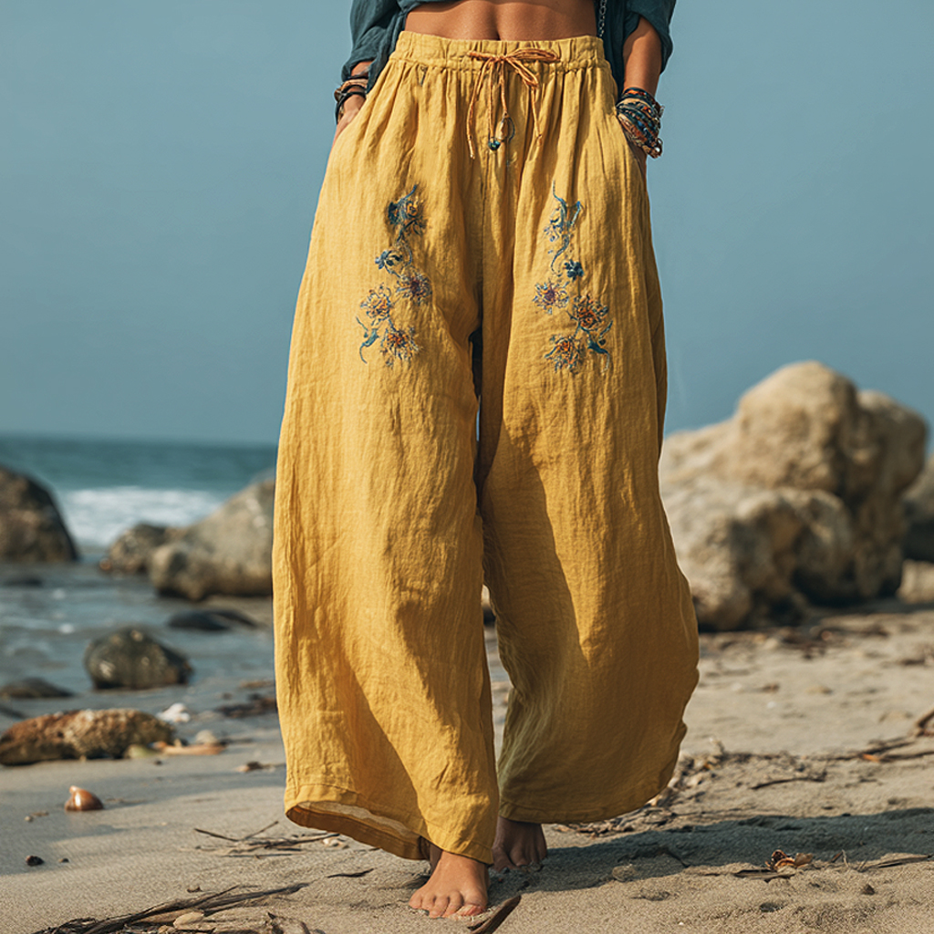 Bohemian Holiday Style Loose Casual Exquisite Embroidered Beach Pants Wide-leg Pants