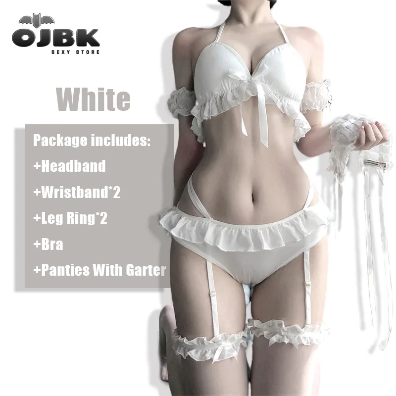 Billionm OJBK Kawaii Chiffon Sexy Lingerie Sweet Maid Cosplay Costumes Charming Black White Erotic Outfit for Female Transparent Bra Set