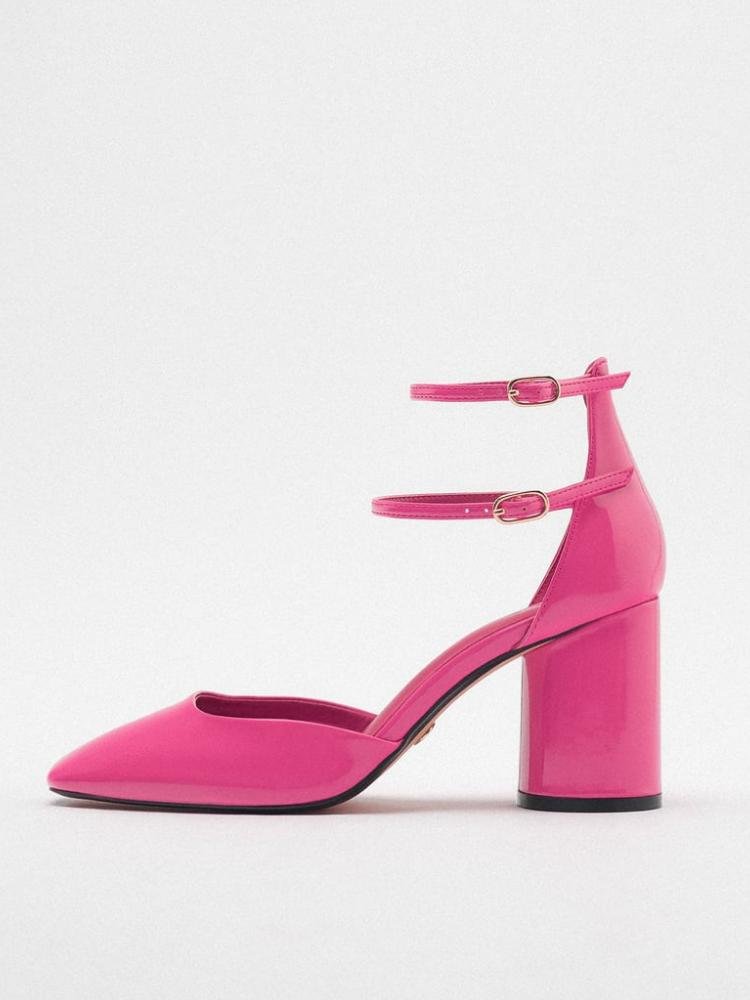 Classic Pink Double Buckle Ankle Strap Ankle Wrap Patent-Leather Chunky-Heeled Square-Toe Pumps