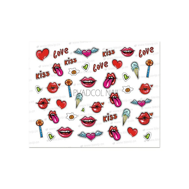 Pop Art Nails Stickers Sexy Red lips Lollipop Bubble Gum Lettering Nail Deals Sliders Wow Hot Cool Girl Style Nail Sticker Decor-Nail Inspo