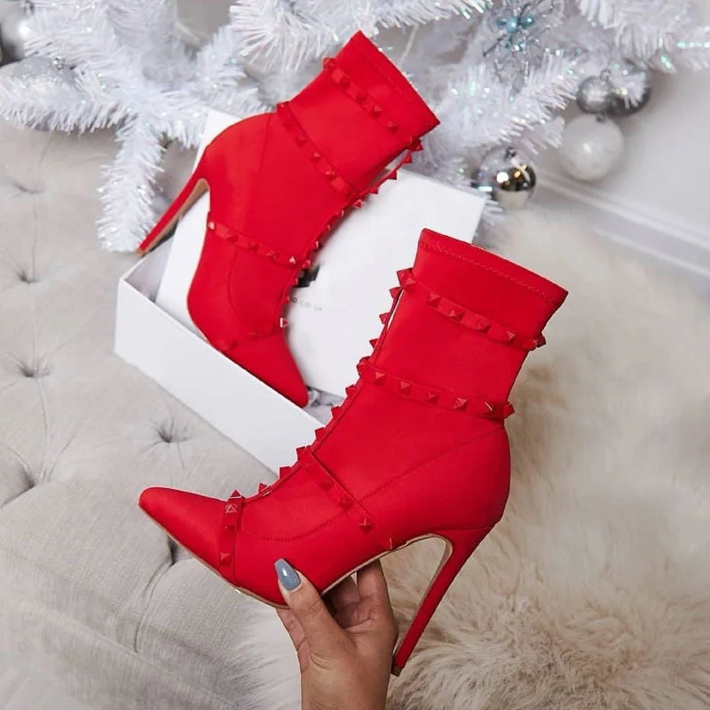 Unique Studs Strap Pointed Toe Stiletto Heel Mid Calf Boots - Red