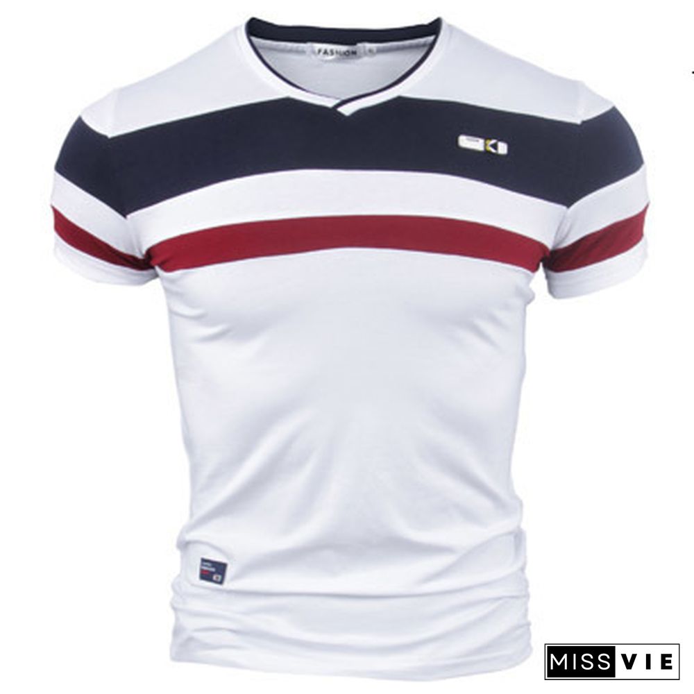 Men Short Sleeve T Shirts New Summer Pure Cotton Vintage Patchwork Tees VNeck Cotton T-shirt Homme Top M-4XL