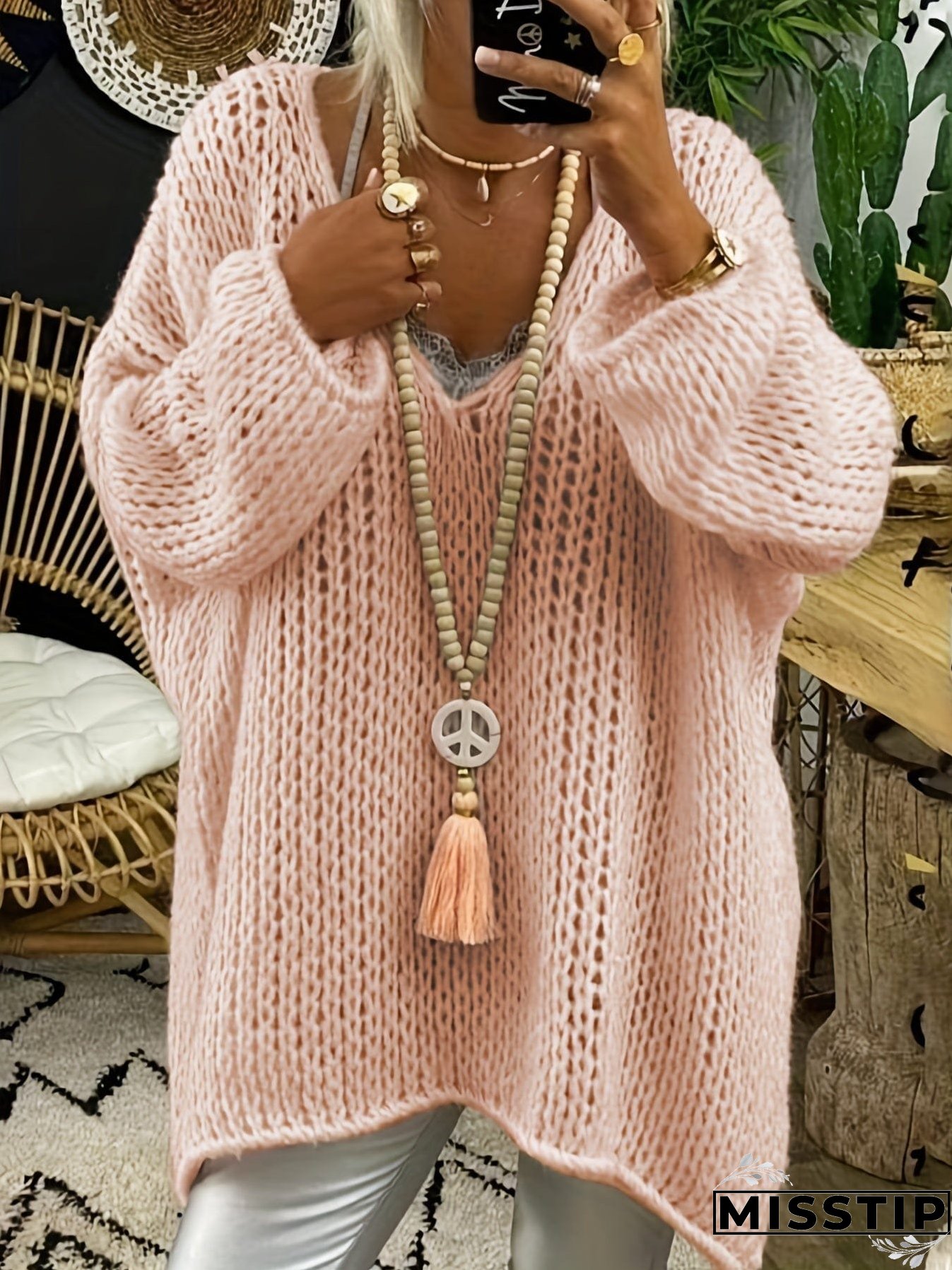 Checkered Pattern Knit Sweater for Women