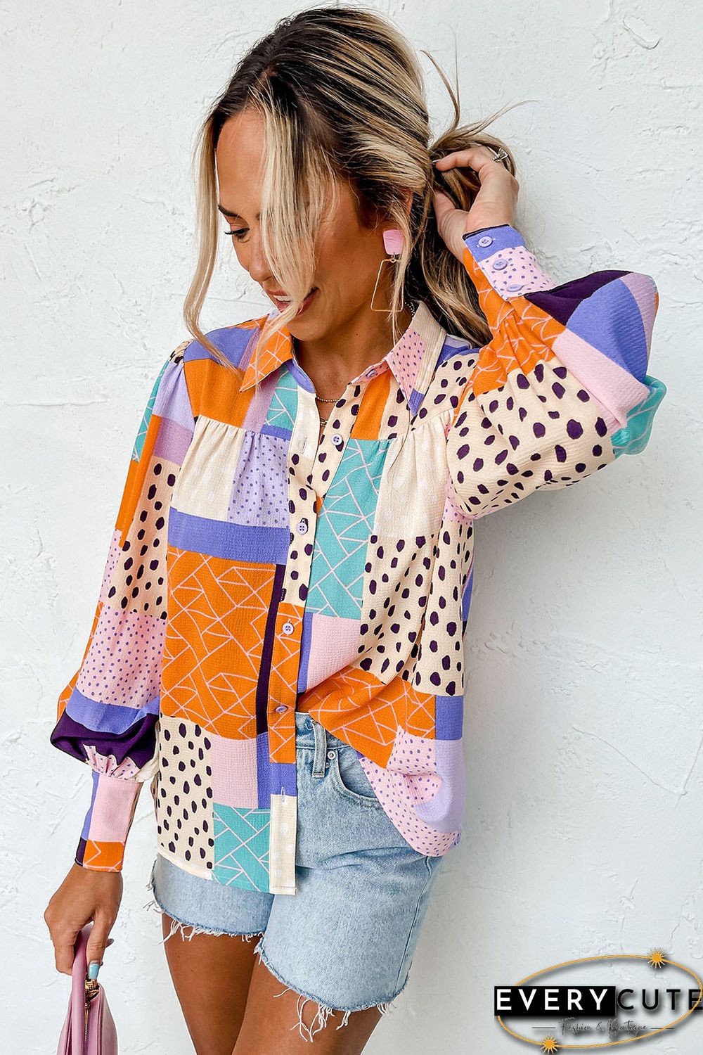 Multicolor Mixed Print Button Front Cuffed Sleeve Shirt