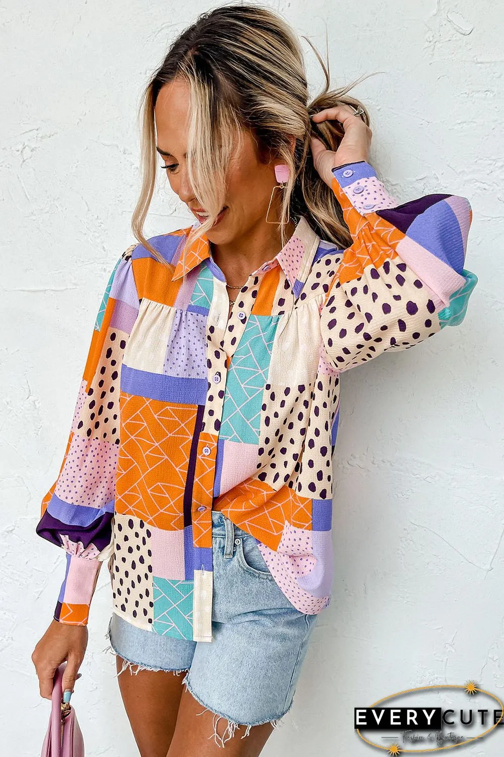Multicolor Mixed Print Button Front Cuffed Sleeve Shirt