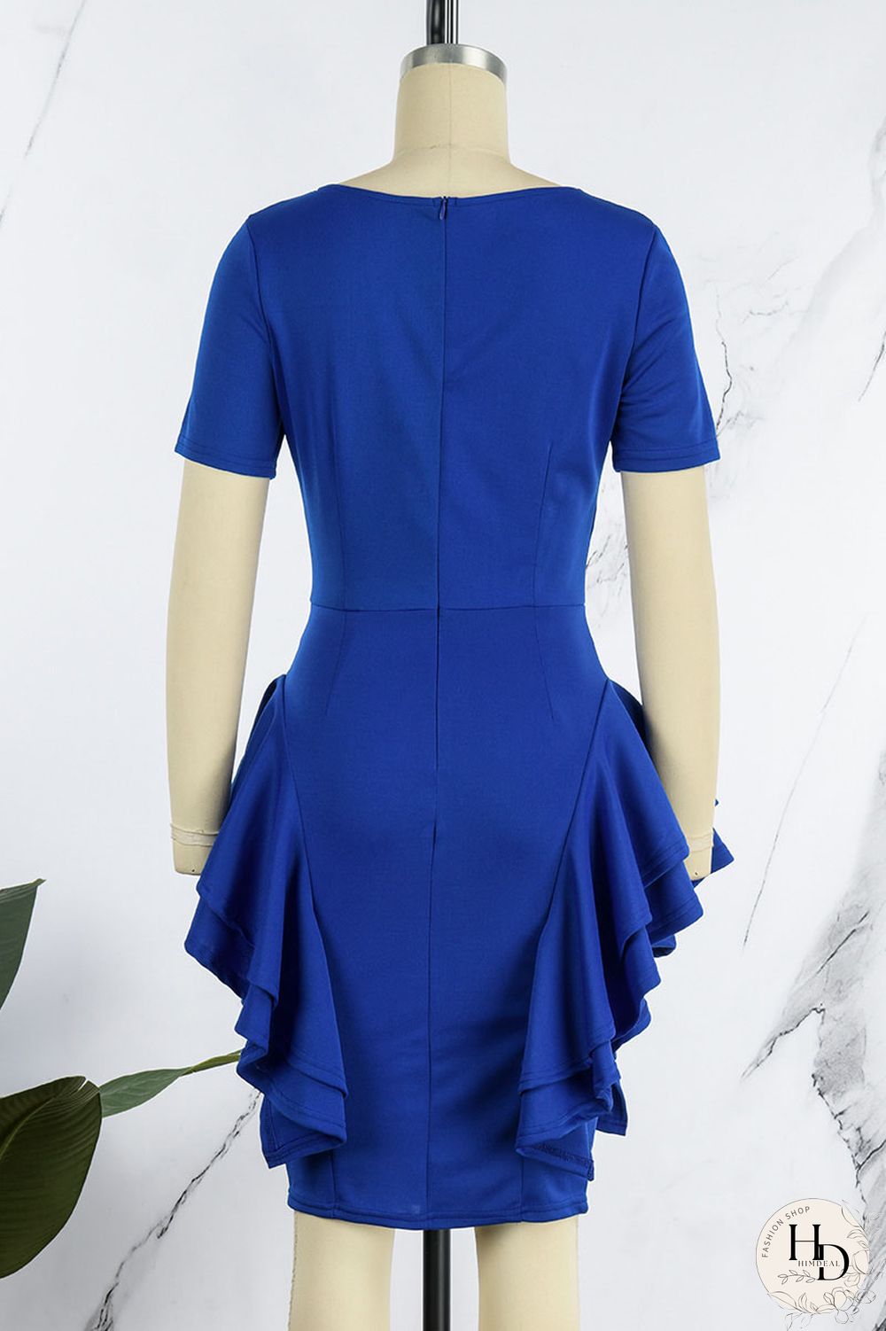 Blue Elegant Solid Patchwork Flounce O Neck Pencil Skirt Dresses(Without Belt)