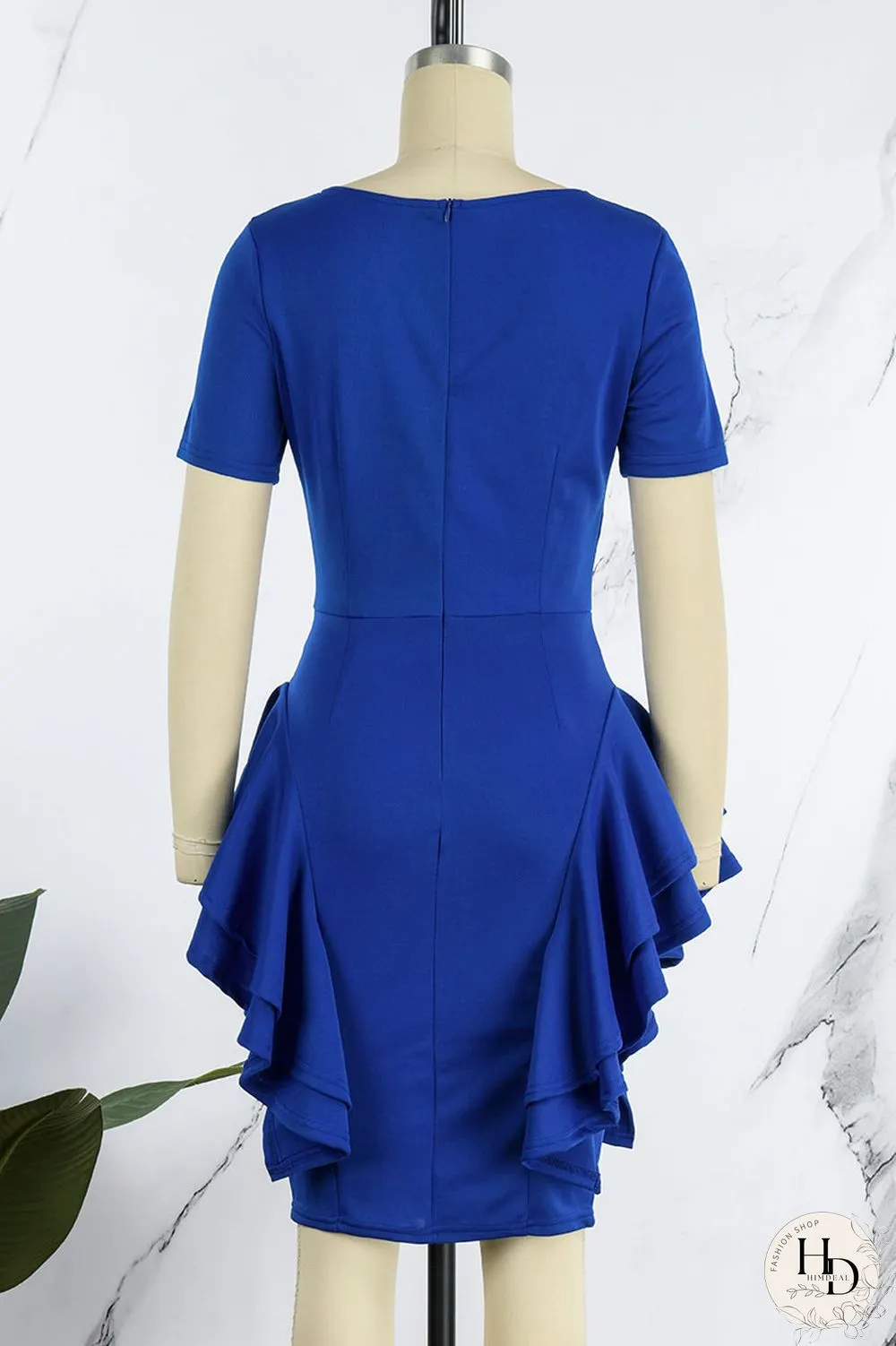 Blue Elegant Solid Patchwork Flounce O Neck Pencil Skirt Dresses(Without Belt)