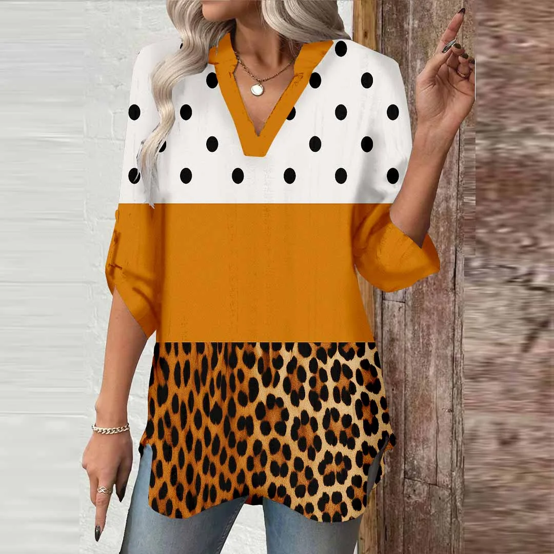 Women Striped, Polka Dot, Leopard, Yellow DZGA0338 3/4 Sleeve V-neck Printed Graphic Button Tops