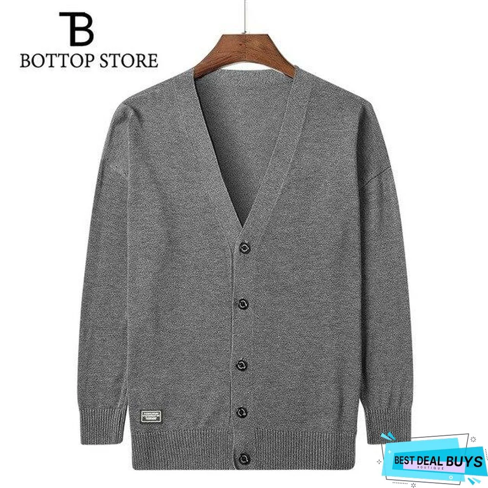 Mens V-Neck Sweater Casual Solid Color Sweater Plus Size Cardigan Tops