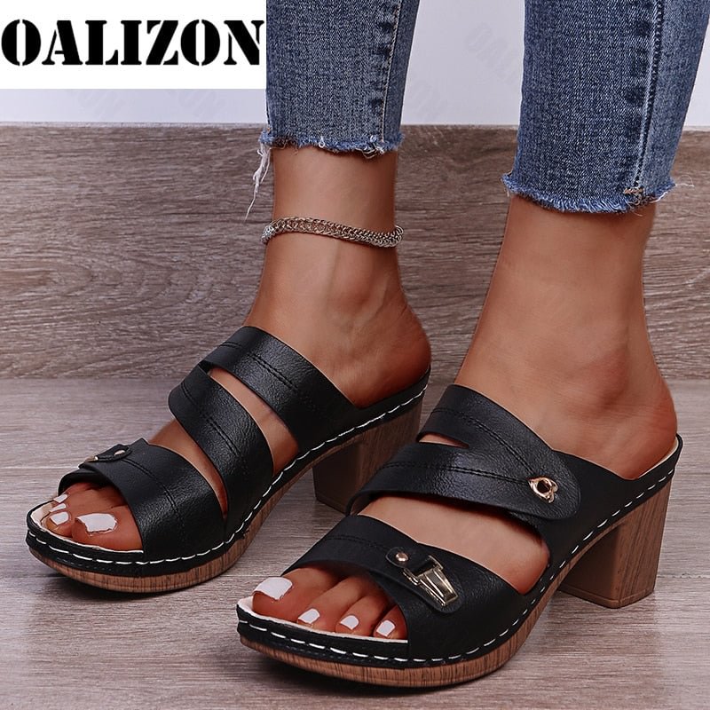 Women Summer New 2021 Gladiator Sandal Slippers Shoes Woman Sewing Mid Chunky Heels Lady Female Flip Flops Sandals Dress Shoes