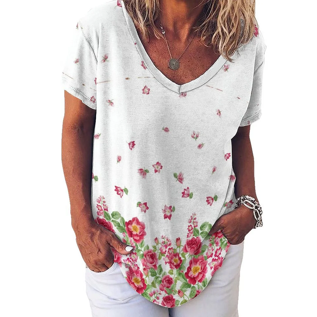 V-neck Short Sleeve Casual T-shirt for  Women Printed with Pattern Floral, Red, Green