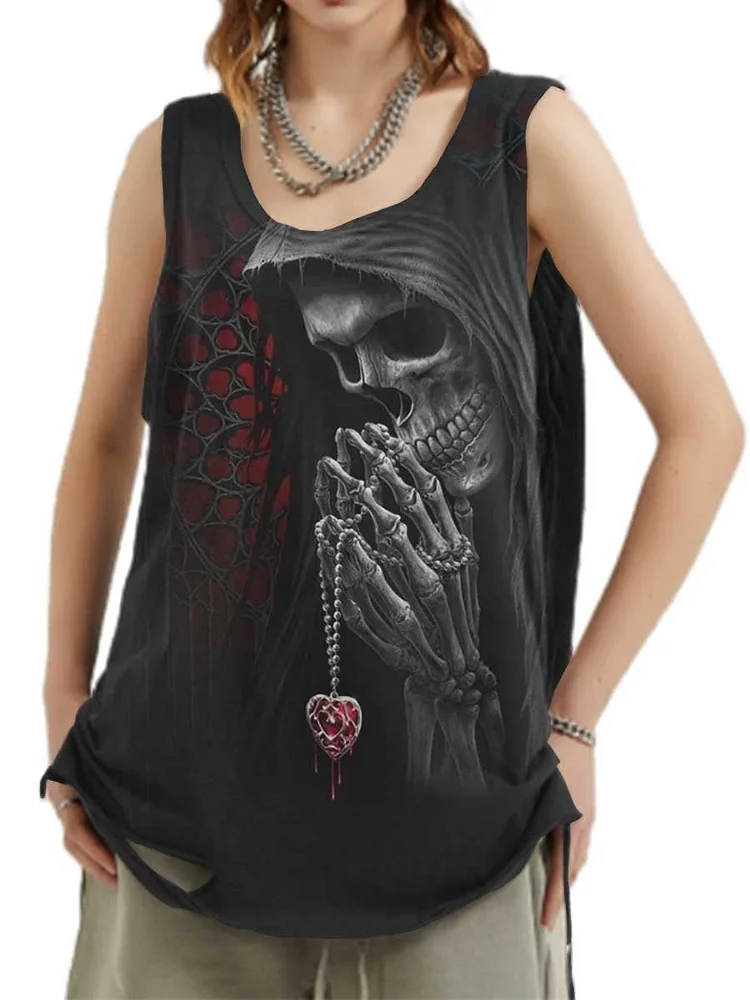 Unisex Rock Punk Skull Art Pattern Print Loose Tank Top