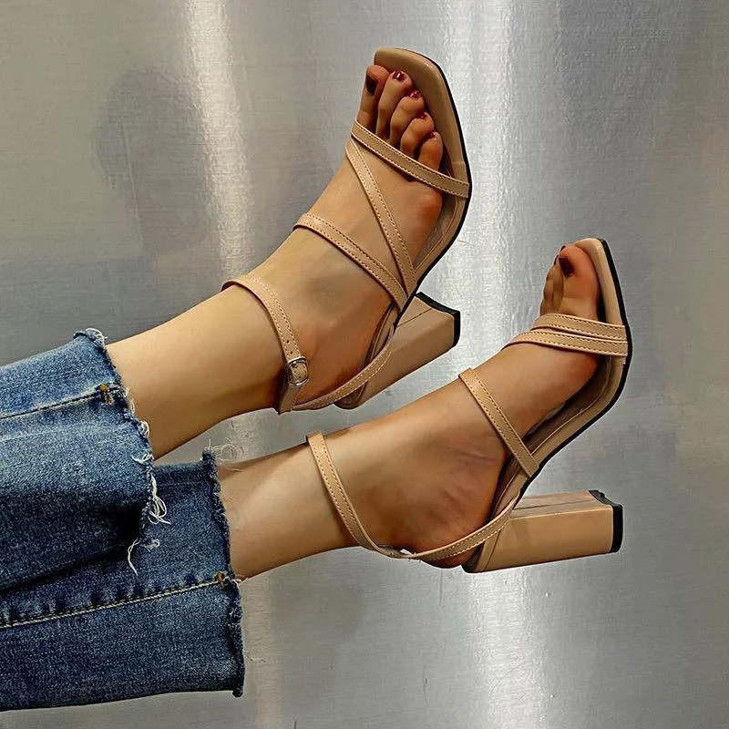 Block Heel Square Toe Strap High Heels
