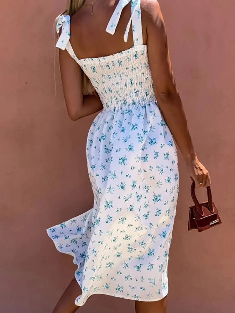 2022 Summer Sleeveless Slim Party Dress Women Vintage Print   High Waist Backless Dress Elegant Lady V Neck Split Dress Vestidos