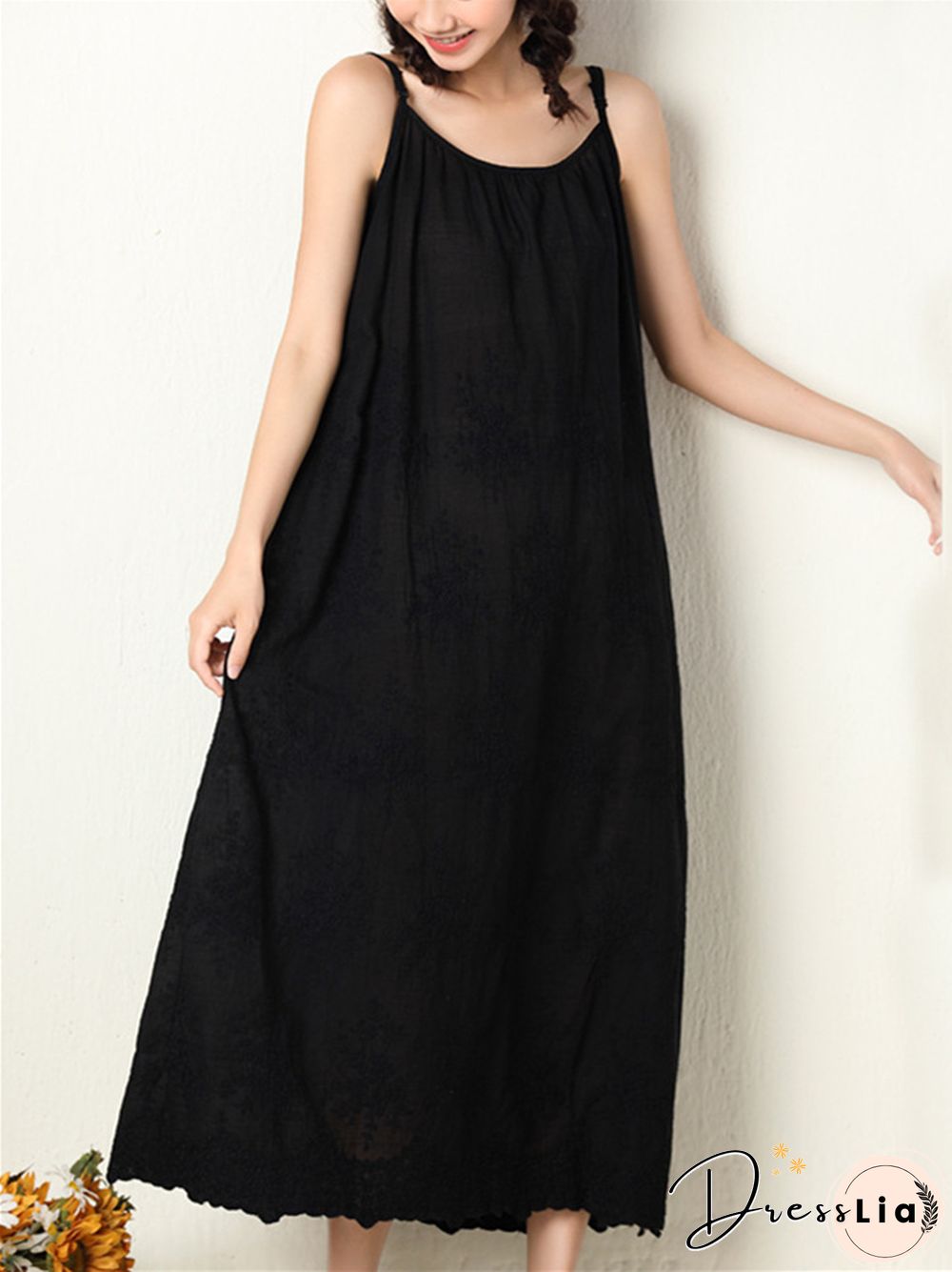 Fresh and Sweet Pure Color Dress Embroidered Loose Cotton Linen Skirt