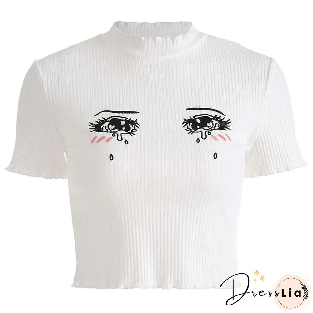 Womens White Short Sleeve Shirt Cropped Embroidery O-Neck Knitted T-Shirt