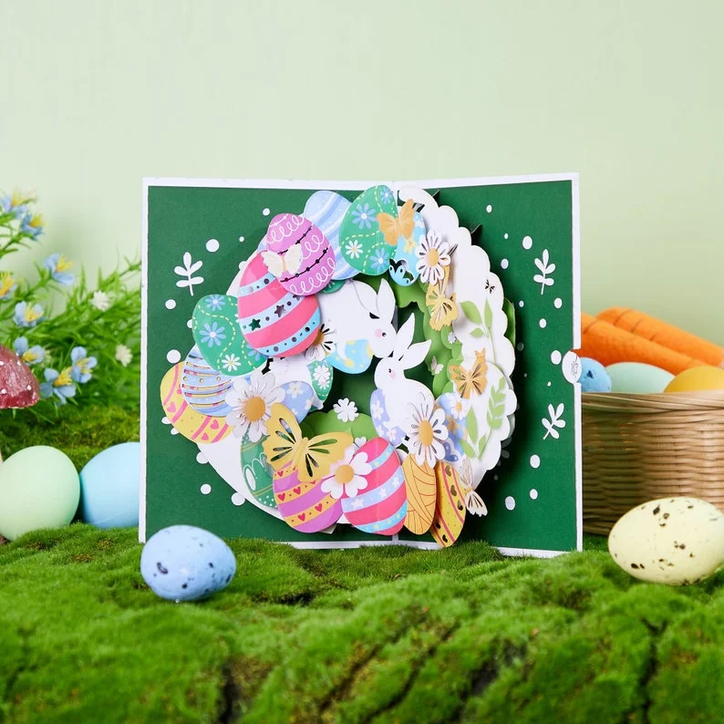 Easter Bunny Wreath Pop-Up Card ,Happy Easter Card,children Gift ,Gift For kids Birthday Easter Party Invite card,Easter egg