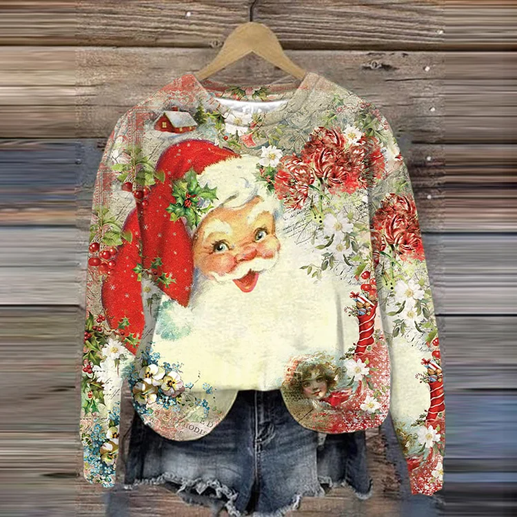 Comstylish Snowing Santa Claus Print Crew Neck Sweatshirt