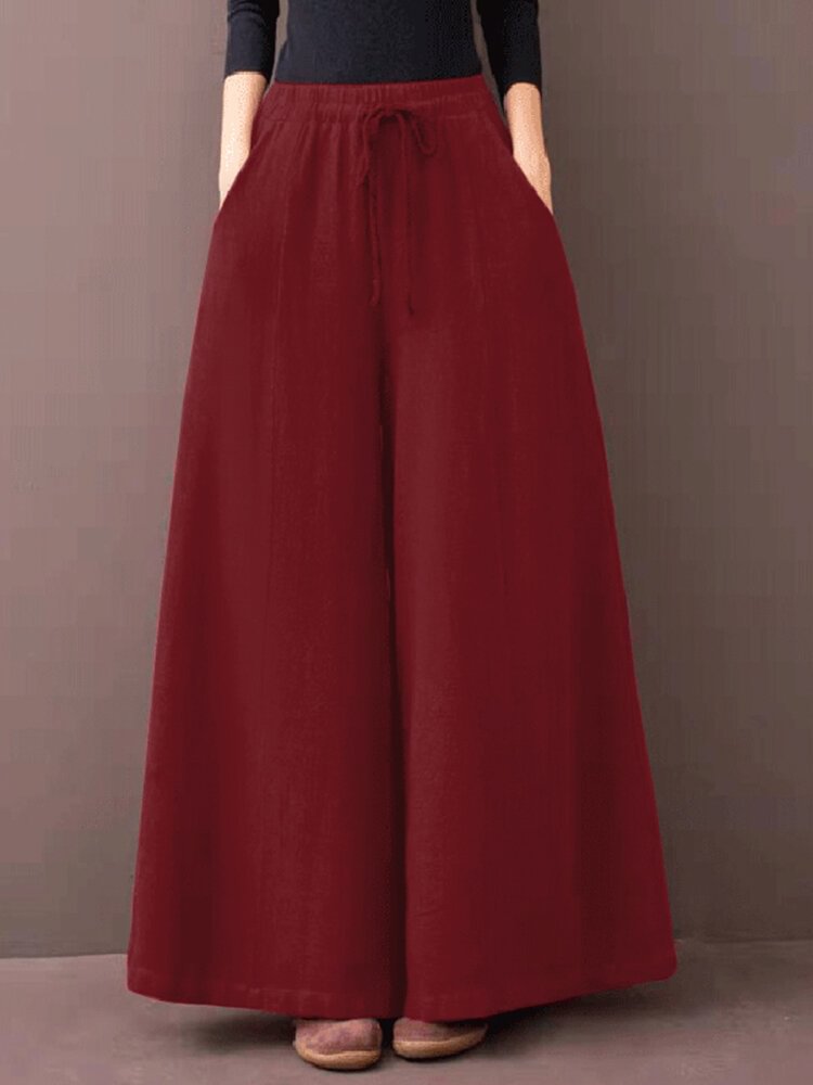 Solid Color Drawstring Pocket Long Loose Casual Pants for Women