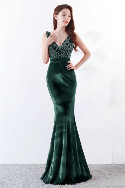 Chic Sleeveless V-Neck Long Prom Dress Mermaid With Beadings Online - lulusllly