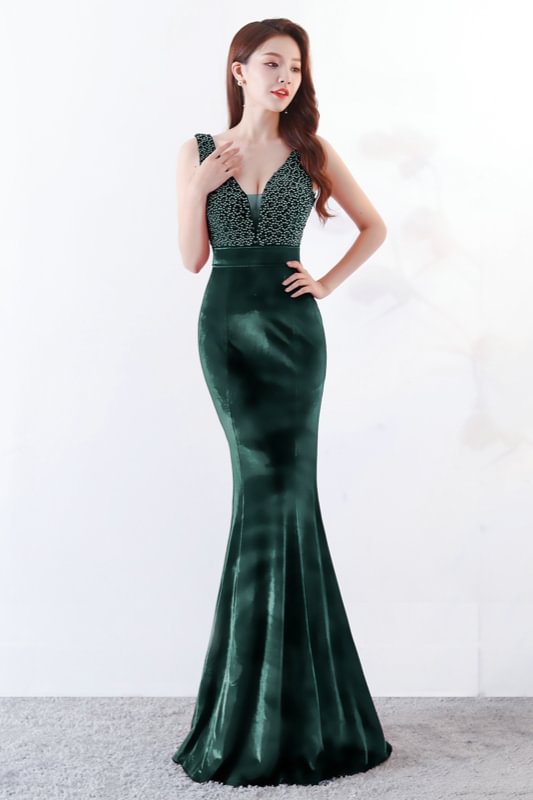 Chic Sleeveless V-Neck Long Prom Dress Mermaid With Beadings Online - lulusllly