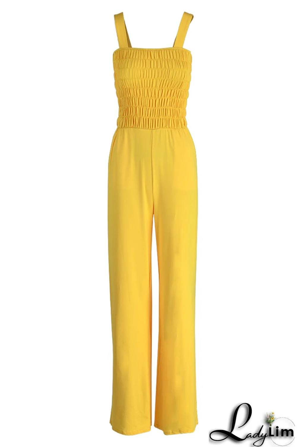 Yellow Street Solid Split Joint Fold Spaghetti Strap Straight Jumpsuits