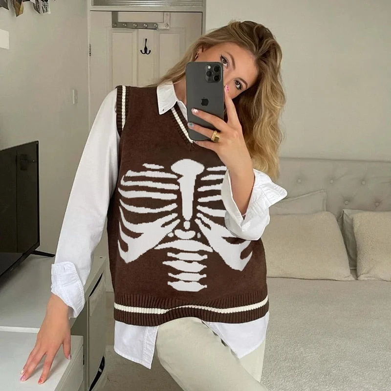 Vintage Skeleton Print Y2K Knit Sweater Vests V-neck Chic Loose Cute Pullovers Streetwear Aesthetic 90s Knitwear Cuteandpsycho