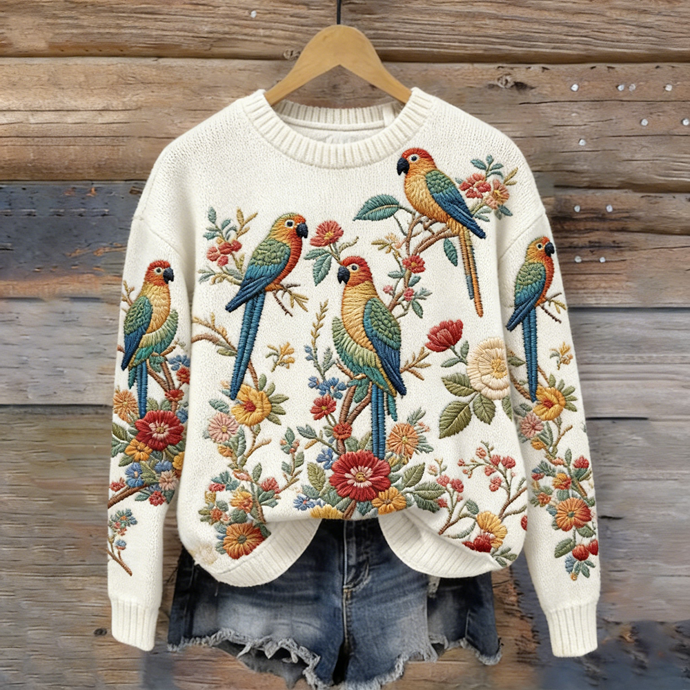 Women's Vintage Parrot Floral Art Cozy Knit Sweater wearshes