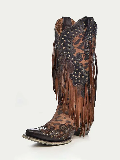 Turquoise Distressed Snip Toe Fringe Studded Wide Calf