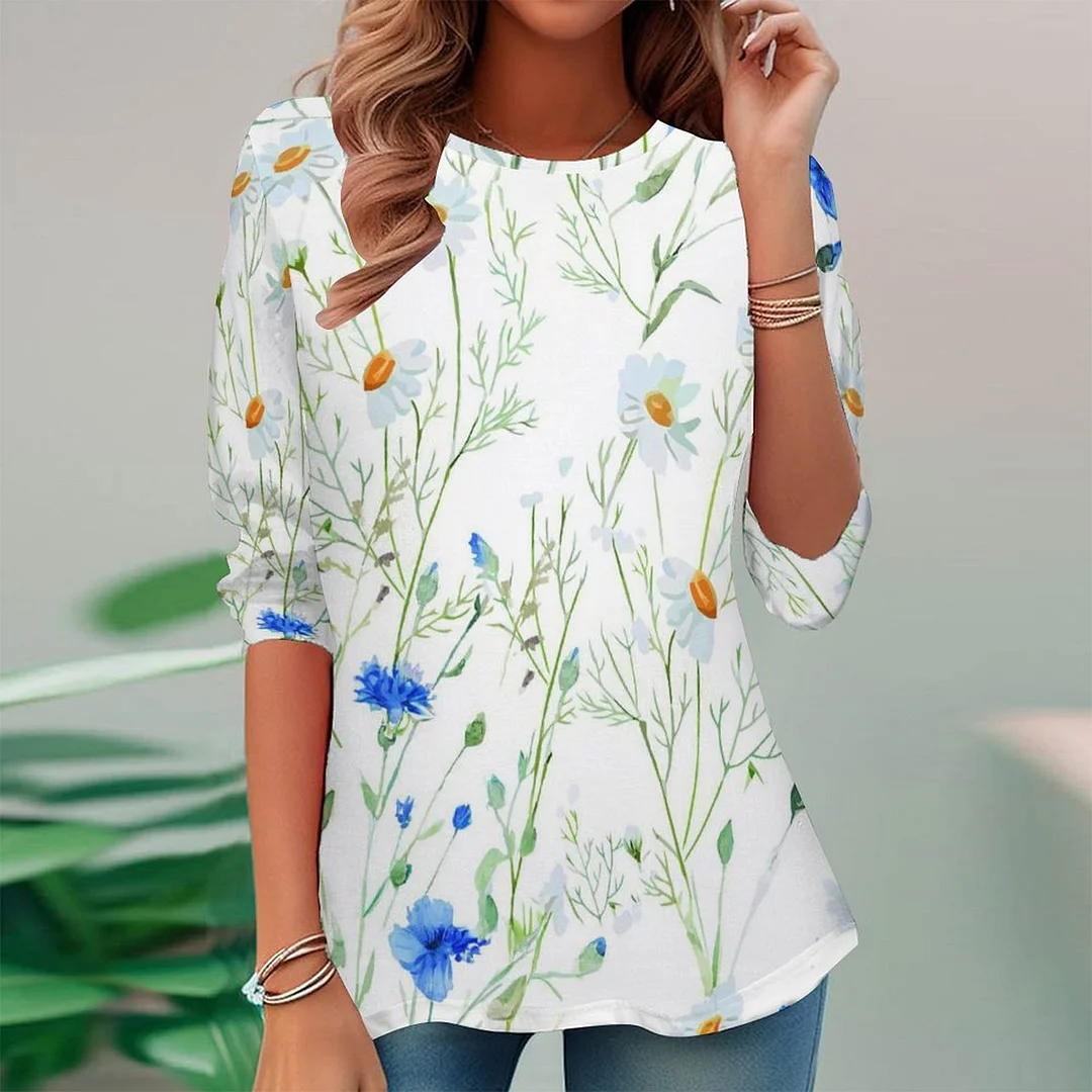 Vintage Printed Long Sleeve Plus Size Tunic for  Women and Men Unisex Pattern Blue,Floral,White