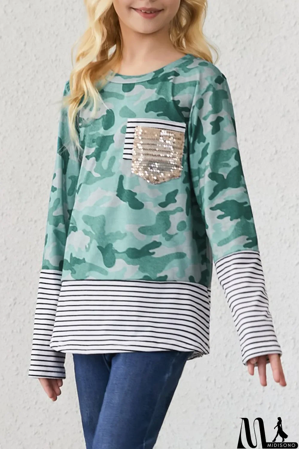 MidiSono - Green Camo Stripe Patchwork Sequin Pocket Long Sleeve Girl\'s Top